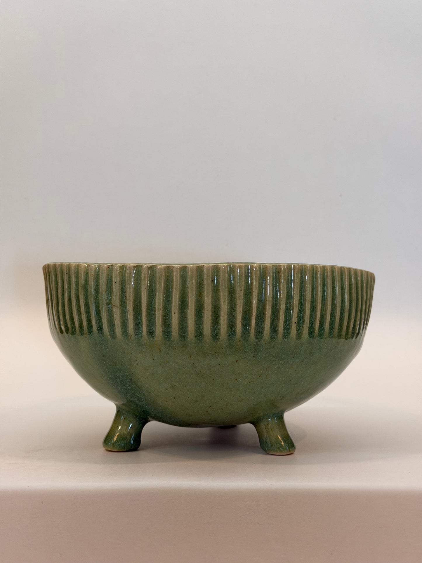 Green Planter with Carved Ribbed Edges
