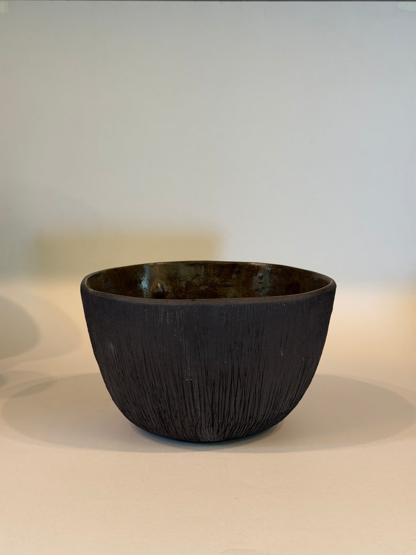 Large Black Serving Bowl with Ribbed Details
