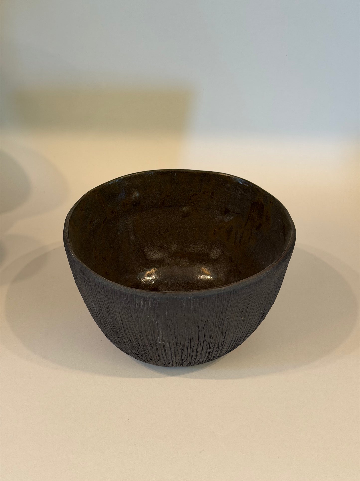Large Black Serving Bowl with Ribbed Details