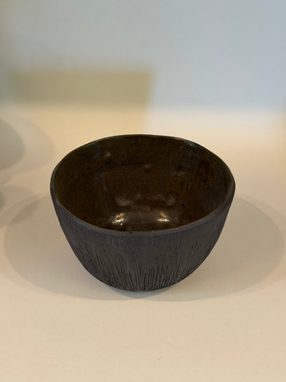 Large Black Serving Bowl with Ribbed Details